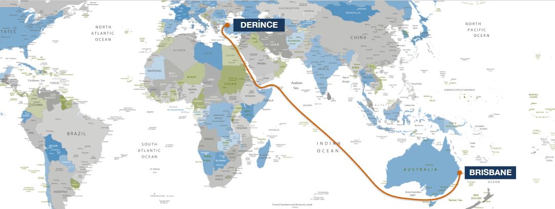 Derince, Turkey - Brisbane, Australia